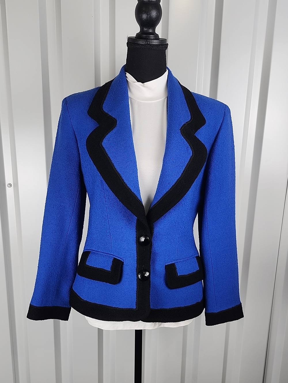Jaeger Vintage Wool Blazer Blue Black Contrast-Trim Women's Size 6 90's Business